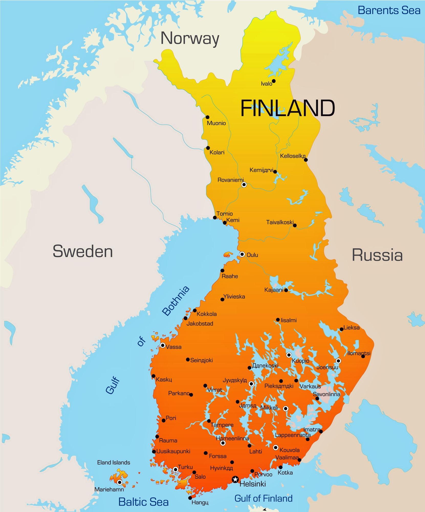 Mapa miast Finlandii: główne miasta i stolica Finlandii