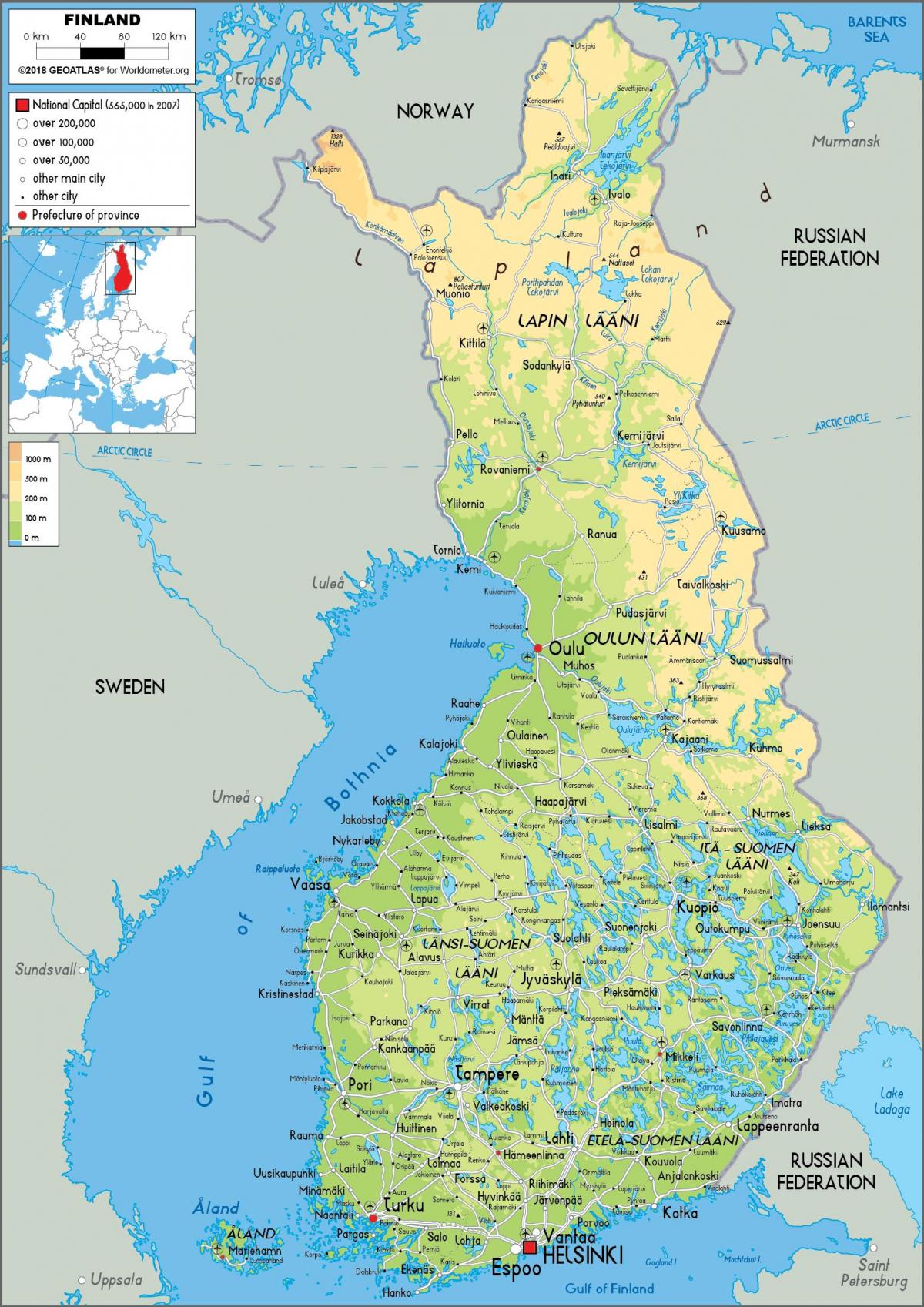 Mapa ukształtowania terenu Finlandii