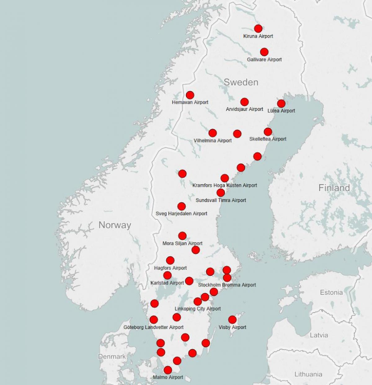 Mapa portów lotniczych Finlandii